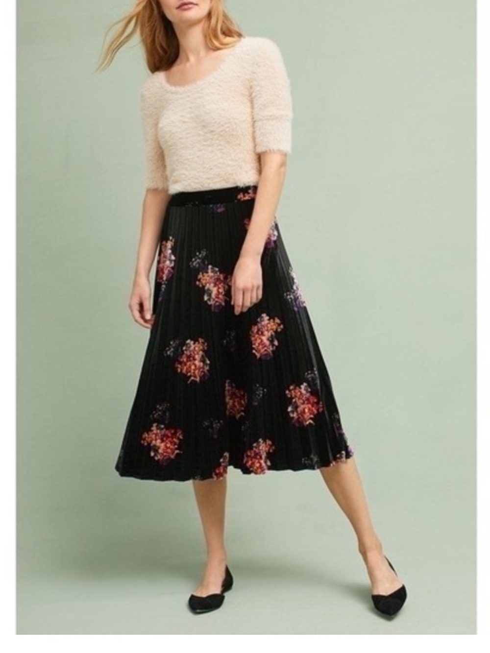 Anthropologie Maeve Velvet Black Pleated Midi Skirt with Floral Clusters